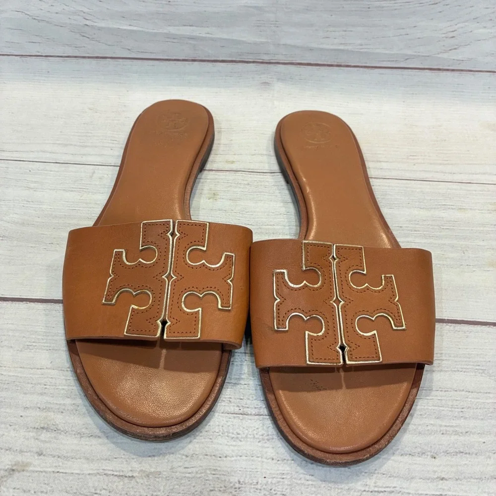 Tory Burch Double T Sport Sandals Womens 9.5 Tan Brown Leather Logo Flats 5695